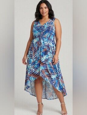 Sabrina Blue Tropical Leaf Print High-Low Maxi Dress Plus Size 2X Sleeveless V-N